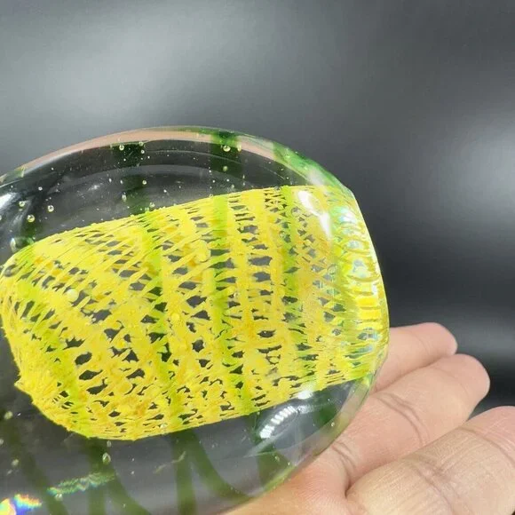 Art Glass Paperweight With Yellow Green Swirls All Over Egg Shaped Paperweight - Picture 15 of 16